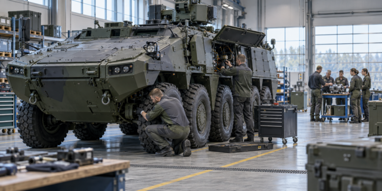 KI-generiertes Symbolbild eines Systemunterstützungszentrums für militärische Fahrzeuge.